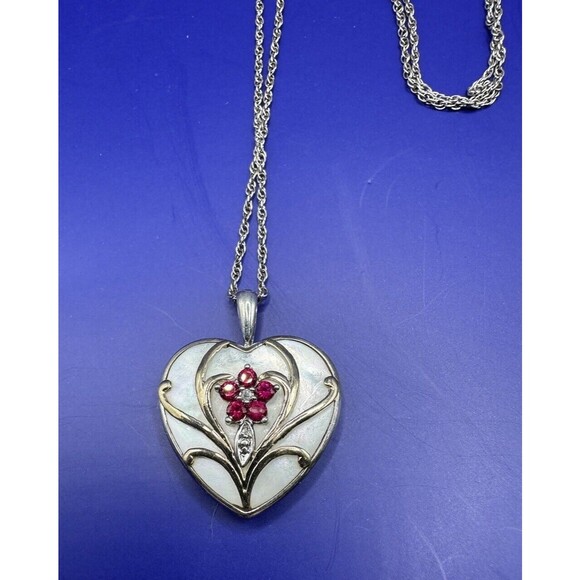 Sterling 14K Heart Pendant Dainty Necklace Mother of Pearl 19" Chain Stamped - Picture 7 of 7
